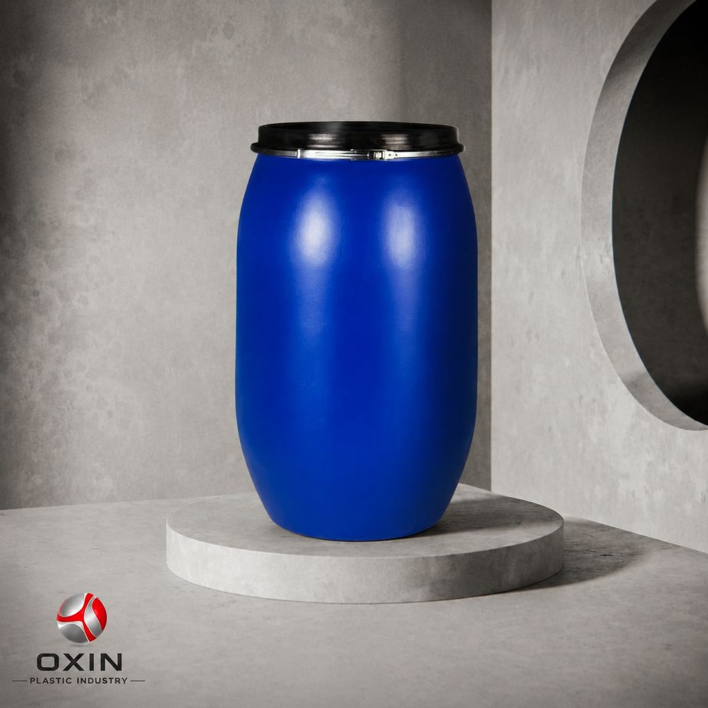 Oxin 220-Liter Open-Head HDPE Plastic Drum with Galvanized Steel Lever-Lock Clamp Ring